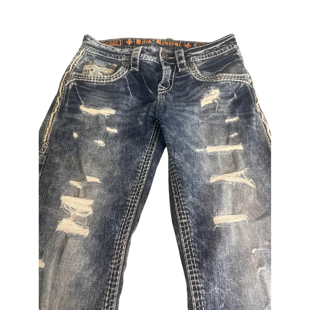 Rock Revival Ledford Straight Leg Distressed Jeans Mens 29 Blue Fleur De Lis